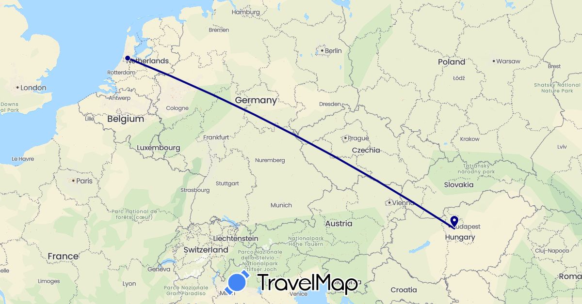TravelMap itinerary: driving in Hungary, Netherlands (Europe)